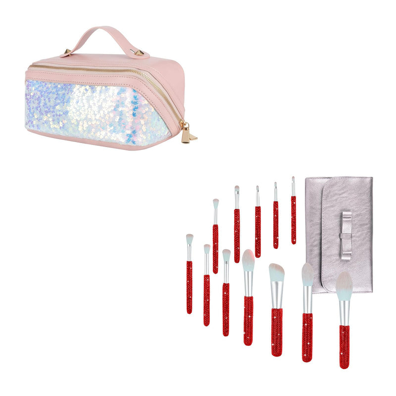 KEYPOWER Glitter Sequin Bag & Bling Makeup Brushes 12PC Red
