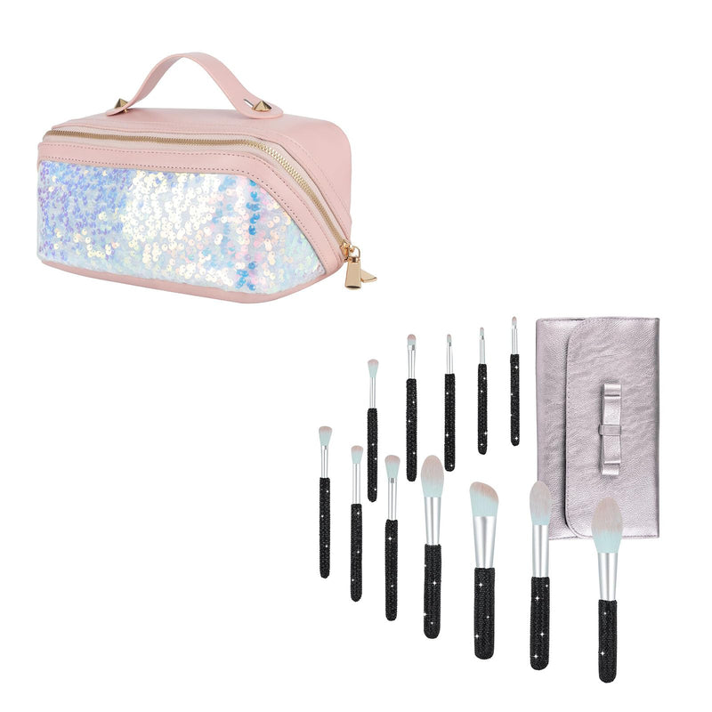 KEYPOWER Glitter Sequin Bag & Bling Makeup Brushes 12PC Black