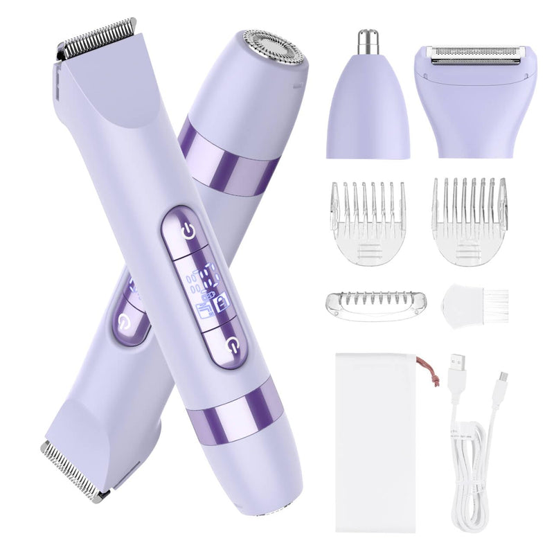 Hatteker 4-in-1 Women's Electric Razor, Dual-Head Body Hair Trimmer for Women, IPX7 Waterproof Rechargeable Bikini Trimmer & Facial Hair Remover for Legs, Armpits, Face, Nose, Eyebrows, Purple