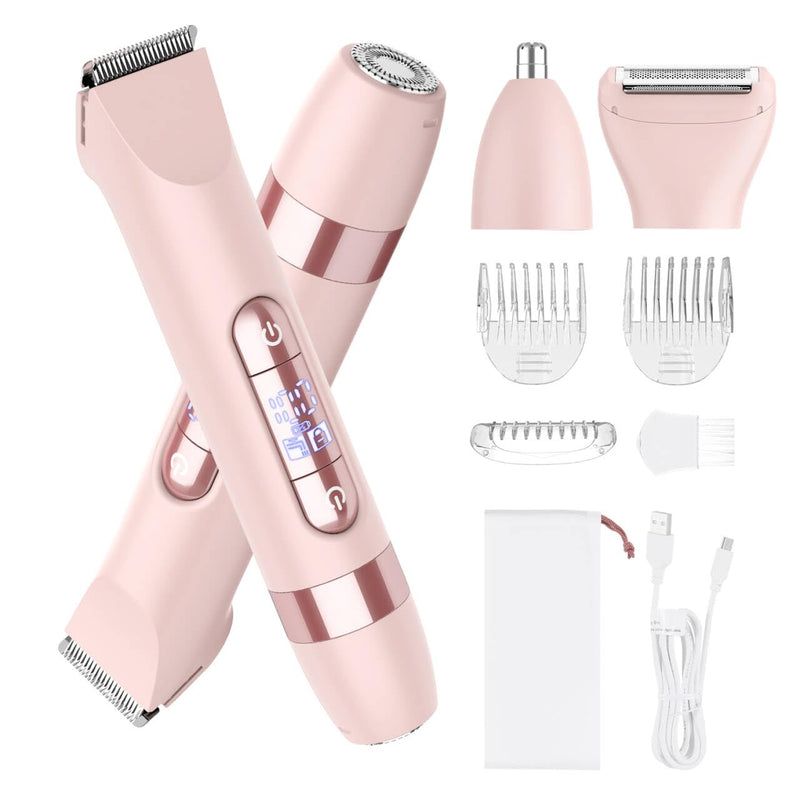Hatteker 4-in-1 Women's Electric Razor, Dual-Head Body Hair Trimmer for Women, IPX7 Waterproof Rechargeable Bikini Trimmer & Facial Hair Remover for Legs, Armpits, Face, Nose, Eyebrows, Pink