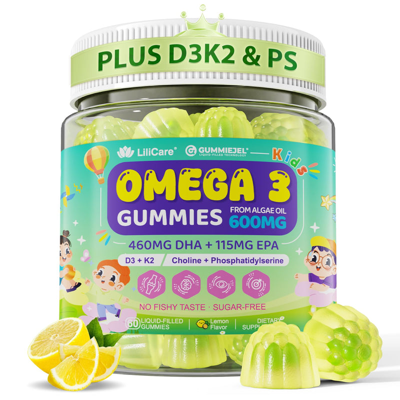 [Australia] - Kids Omega-3 Gummies for 4+, Algae Oil DHA & EPA with Vitamin D3 K2, Choline & PS, Vegan Fish Oil Supplements for Brain, Bone, Cognitive & Immune Health, No Fish Taste, SugarFree, Lemon Flavor, 60Cts 60 Count (Pack of 1) 