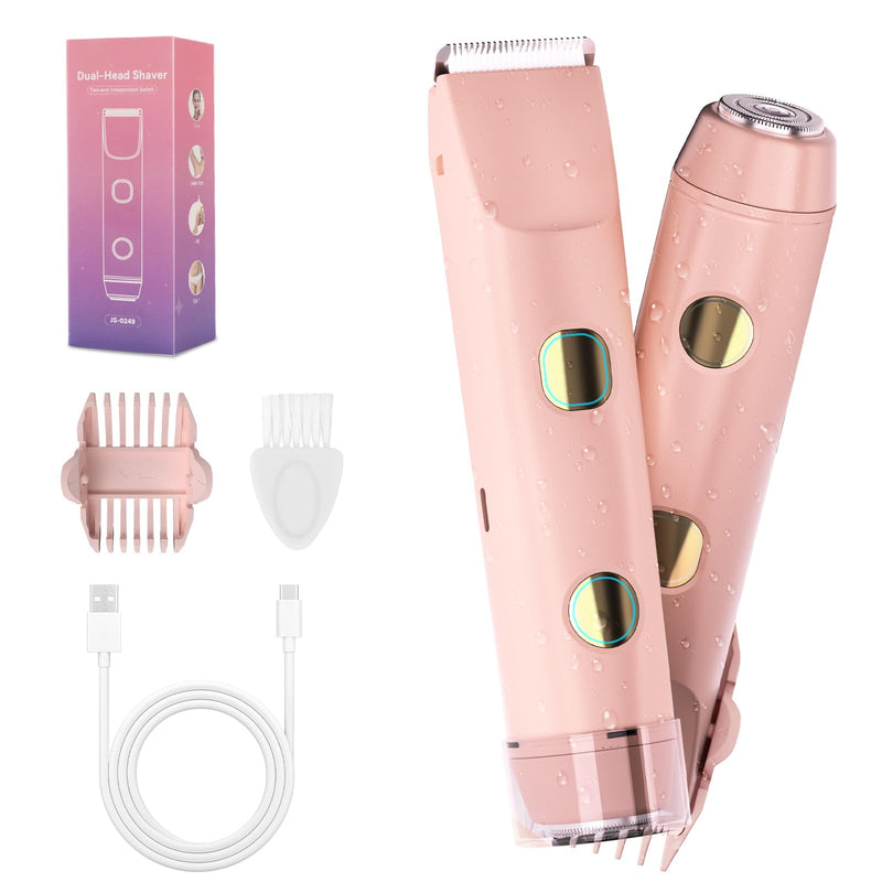 [Australia] - 2-in-1 Bikini Trimmer for Women, Bikini Shaver with Dual Heads, Body and Facial Hair Removal, Cordless Rechargeable Electric Razors for Face Chin Pubic Underarm Legs, IPX7 Waterproof, Light Pink 