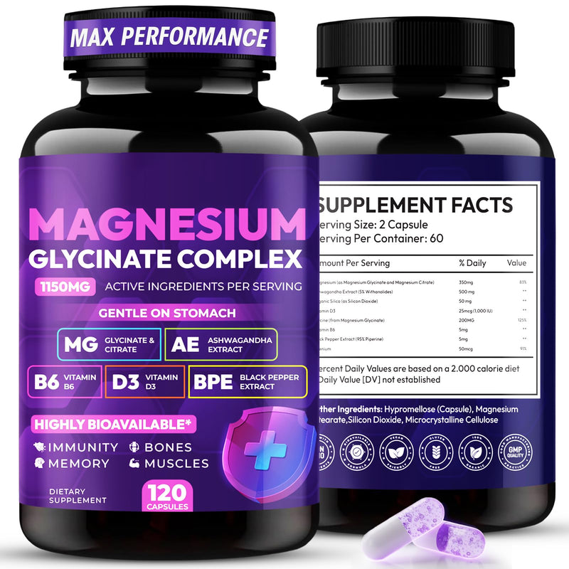 Magnesium Glycinate Complex 1150mg - Gentle on Stomach High Absorption Magnesium Capsules with Citrate, Silica, Ashwagandha & Vitamin B6 for Zzz, Stress Relief, Muscle Support for Adults, Women & Men