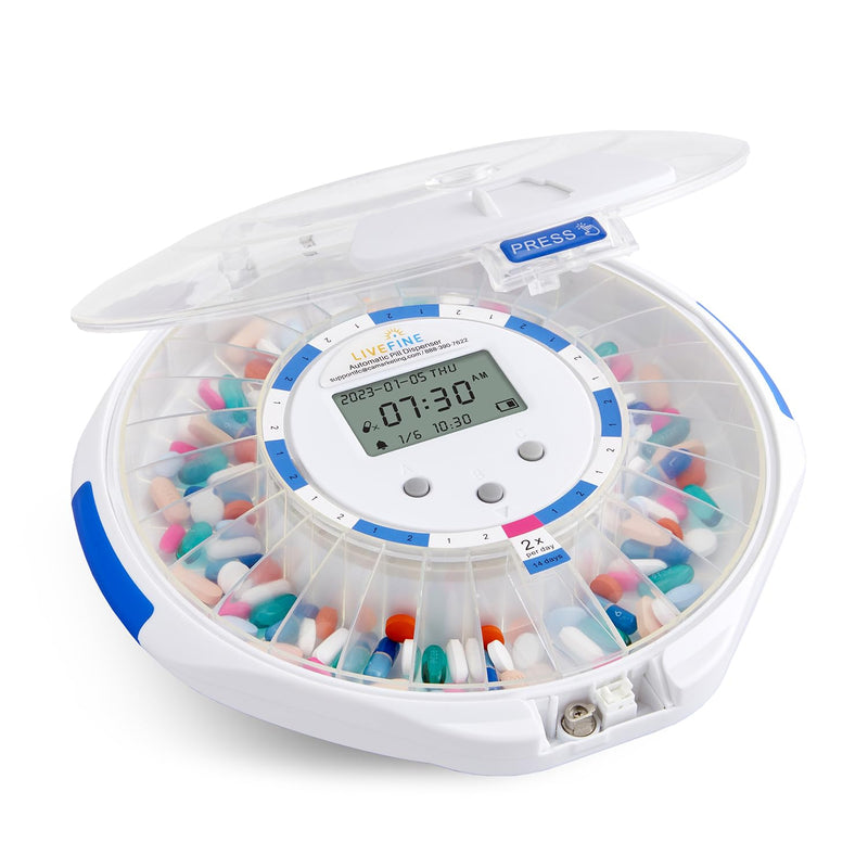LiveFine Automatic Pill Dispenser with 28-Day Electronic Medication Organizer, 6 Dosage Rings, LCD Display with Sound & Light Alerts, Key & Magnifying Glass for Prescriptions, Vitamins & Supplements Clear Lid