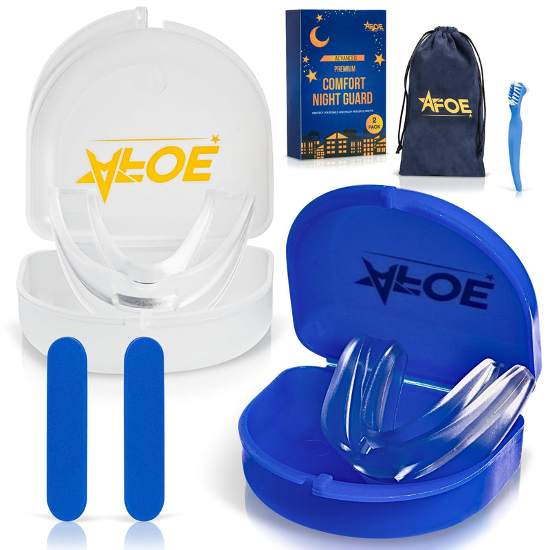 [Australia] - Bruxism Night Guard for Teeth Grinding & TMJ Relief, Premium Comfort Nose Breathing Oxygen Kit – 2-Pack (Clear & Blue), BPA & Latex-Free, Custom Dental Guards, Travel Cases & Brush – by AFOE 