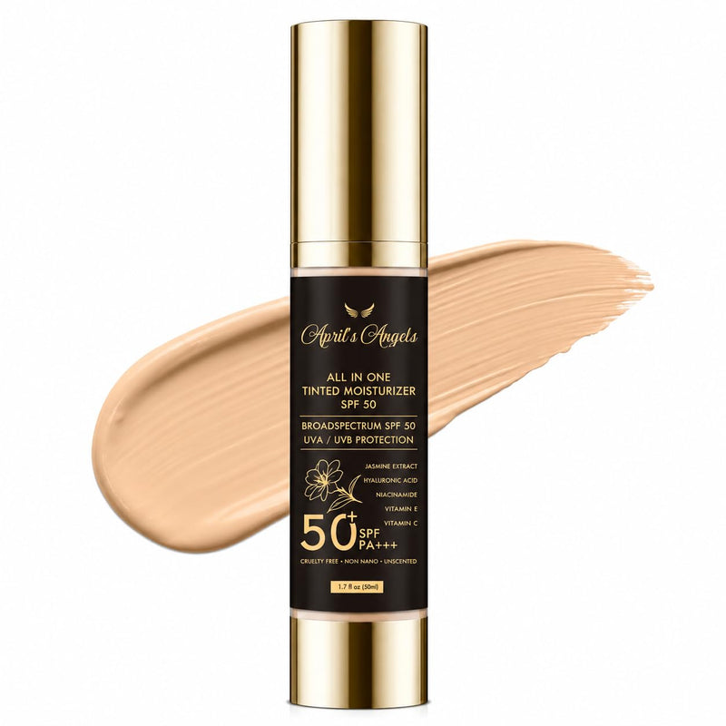 April's Angels All in One Universal Tinted Moisturizer, Broad Spectrum SPF 50 PA+++, with Hyaluronic Acid, Jasmine Extract, Vitamins C and E. 1.7 fl oz | SPF 50