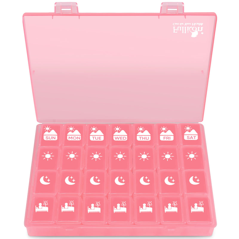 Fullicon Large Pill Organizer 4 Times a Day, 7 Day Pill Box, Pink | Each Compartment Holds 12 Fish Oils or 13 Vitamins, Clear Daily Icons, Durable Printing, Easy Open, Secure Snap Lids
