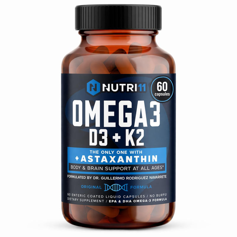 Nutri11 Omega-3 Fish Oil with Vitamin D3, K2 & Astaxanthin — High EPA & DHA, Enteric-Coated Burpless Softgels | No Fishy Aftertaste | Doctor Formulated | 60 Liquid Capsules