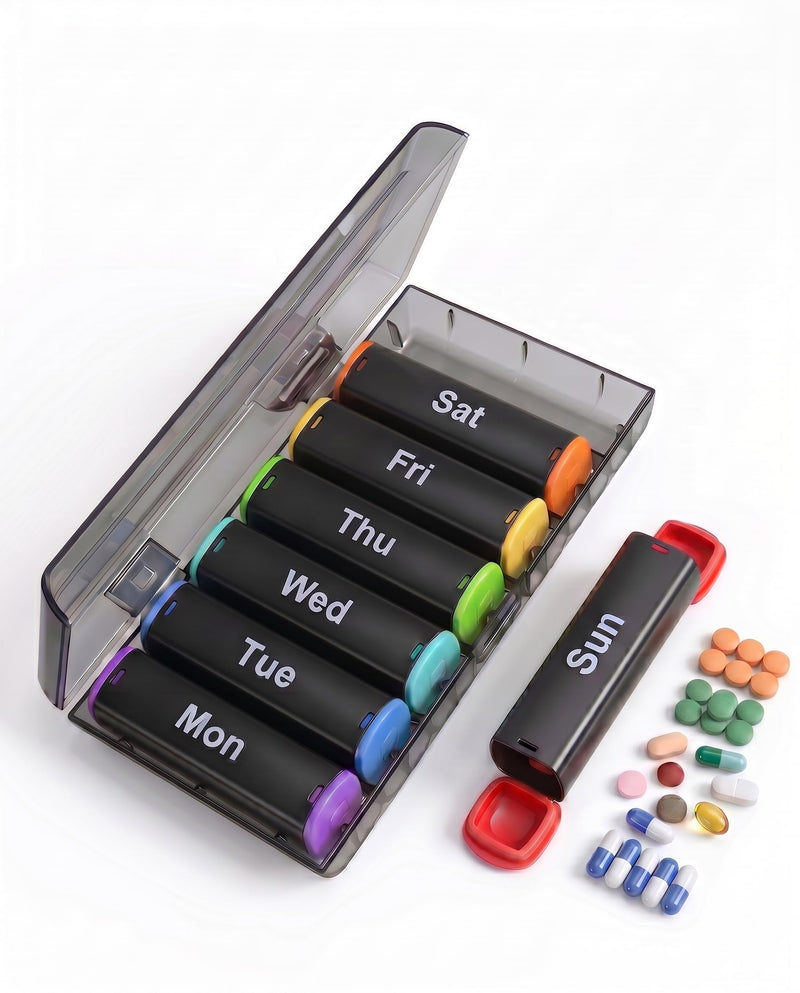 CAidRE 7 Day AM PM Weekly Pill Organizer - 2 Times a Day Large Travel Box | Holds Large Fish Oils, Removable Daily Pods for Travel, Soft Easy-Open Lids for Seniors, Durable Water-Resistant Case, Black Black2