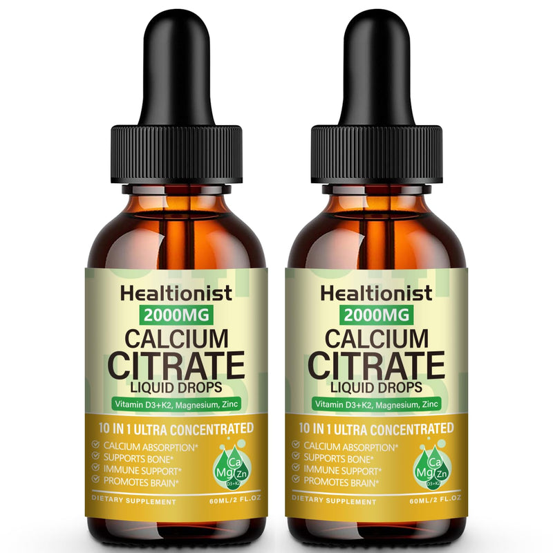2 Packs 2000mg Calcium Citrate with Vitamin D3 K2 Supplements Liquid Drops for Women & Men, Magnesium, Zinc, High Absorption, Bone, Teeth, Muscle & Immune Support, 4 Fl oz 2 Fl Oz (Pack of 2)