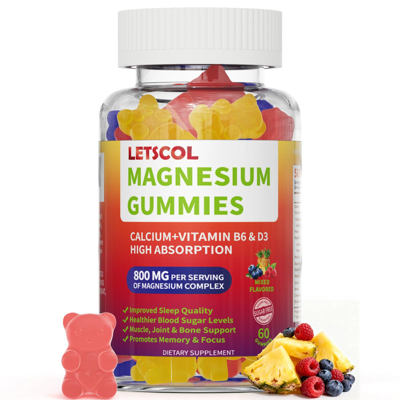 Magnesium Glycinate Gummies, Sugar Free Magnesium Supplement with Magnesium Malate, Calcium, Vitamin D3, B6, CoQ10 for Calm Support & Sleep for Adults Kids Mixed Fruit 60 Count (Pack of 1)