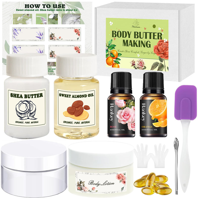 Thaluna Whipped Body Butter Making Kit for Dry Skin, DIY Solid Shea Butter Body Lotion Making Kit with Sweet Almond Oil, Vitamin E, Essential Oil - Moisturizing for Body Christmas Gifts for Women