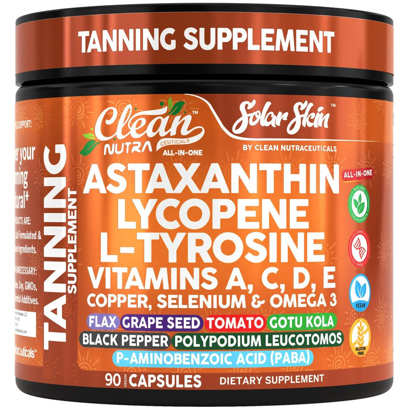 [Australia] - Clean Nutraceuticals Solar Skin Tanning Supplement, Astaxanthin, Lycopene, L-Tyrosine, Vitamins A C D E, 90 Capsules 