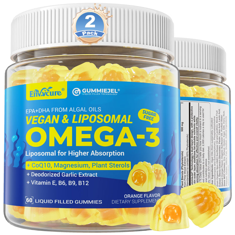 Omega-3 Gummies + CoQ10+ Magnesium- EPA 600mg & DHA 400mg, Fish Oil Omega 3 Supplements Alternative for Women Men Adults, from Vegan Algae Oil, Liposomal Form, Plant Sterols, Garlic, Sugar Free, 2Pack 60 Count (Pack of 2)