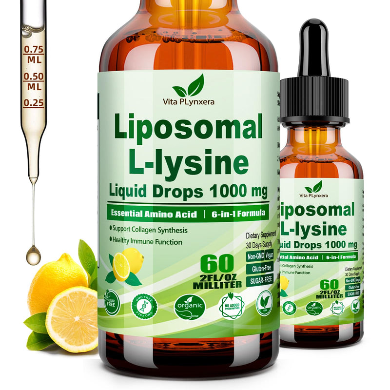 L-Lysine 1000mg Liquid Drops w. Monolaurin Olive Leaf Extract Vitamin C D3 & Zinc, 6-in-1 Essential Amino Acid Supplement for Immune Collagen Lip & Oral Health, Liposomal Lysine for Better Absorption Lemon 2 Fl Oz (Pack of 1)