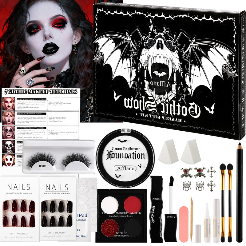 [Australia] - Afflano Goth Makeup Kit Halloween Costume, SFX Clown Goth White Foundation Face Paint, Lipstick Black Red Eyeshadow, False Eyelashes Nail Eyeliner Eyebrow Carnival Theater Emo Mime Ghost Gothic Makeup 