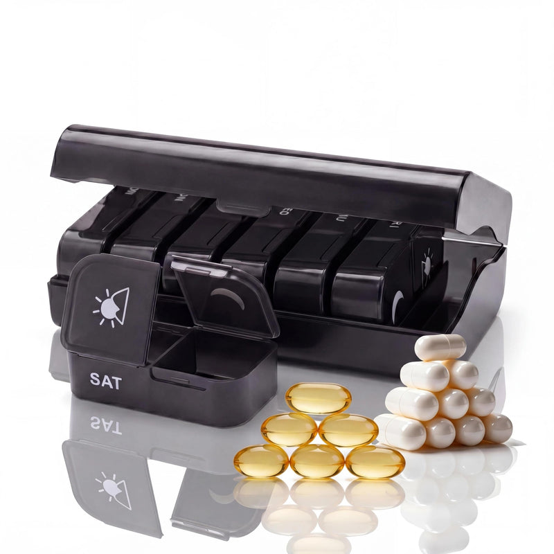 Weekly Pill Organizer 2 Times a Day,AP PM 7 Day Pill Box Detachable | Food-Grade Material,Travel-Friendly,7 Day Pill Container Medium,Compartment holds up to 6 fish oil or 10 vitamin-Black Black Medium Size(2 Times a Day)