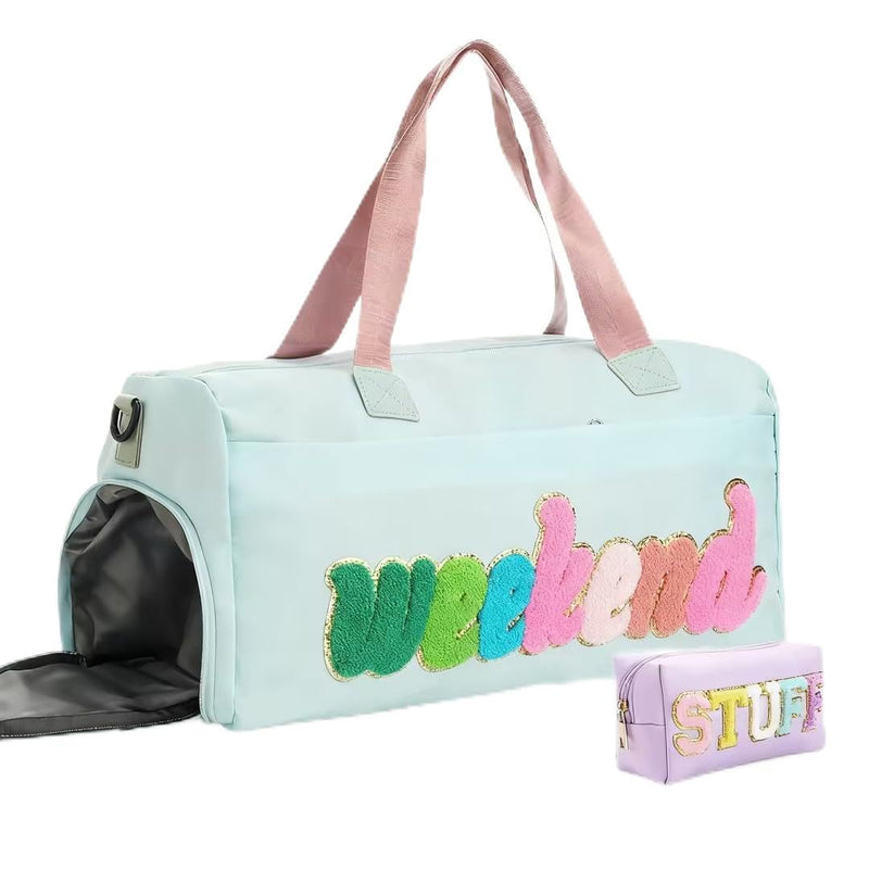 Shinylin 2 Pcs Weekender Bags for Women Sleepover Overnight Bag with Shoe Compartment Green Pink Chenille Letter Travel Duffle Bag for Girls Travel Gym Hospital