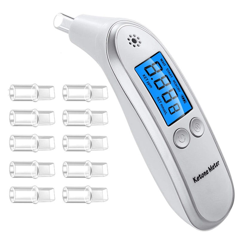 [Australia] - Professional Ketone Breath Analyzer Portable Breath Ketone Meter Digital Ketosis Breath Tester- Breath Analysis with 10 Replaceable Mouthpieces White 