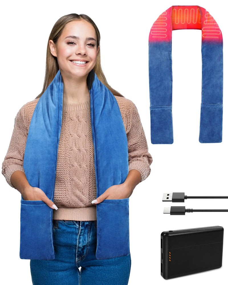 Electric Neck Heating Scarf Pad Cordless 63'' Length Heated Soft Warmer with 10000mAh Rechargeable USB Power Bank, Portable Heated Wrap, Microwave 3 Heat Settings for Brace & Shoulder, Blue