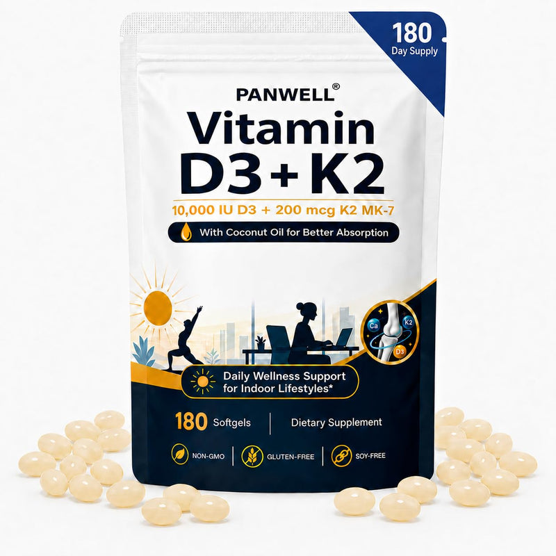 PANWELL Vitamin D3 K2 10000 IU Supplement, K2 MK-7 200 mcg, 180 Softgels | With Coconut Oil; 6-Month Daily Supply; Non-GMO, Gluten Free, Soy Free; Vitamin D3 K2 Formula
