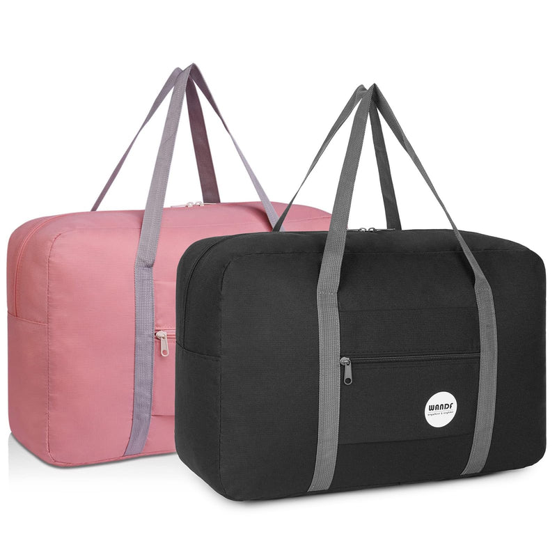 WANDF Personal Item Travel Bag, Carry On Duffle Bag Women | 18x14x8 inches, Airline Underseat Aprroved, Weekend Overnight Trips, Lightweight Packable 17.7 x 6.3 x 12.6 inches F-Black+Pink