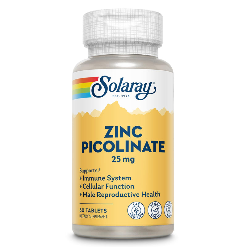 SOLARAY Zinc Picolinate 25 mg, 60 Tablets | Immune, Cellular & Skin Health Support, Highly Bioavailable Zinc Picolinate, 60 Servings, Vegan, Gluten Free, Lab Verified