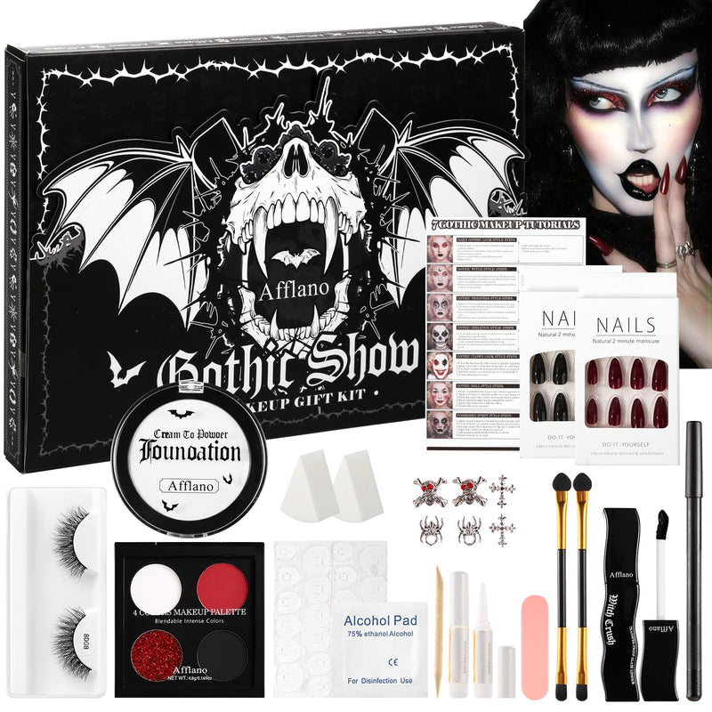 [Australia] - Halloween Goth Makeup Kit, Complete Gothic SFX Makeup Set with White Foundation, Black Red Eyeshadow Palette, Black Lipstick, Eyelashes, Eyeliner, Fake Nails for Clown, Vampire, Emo, Cosplay, Theater 
