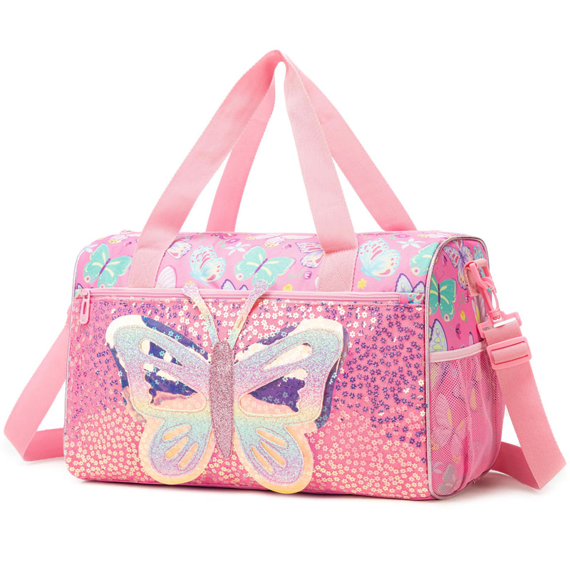 Butterfly Kids Duffle Bag Girls Ballet Dance Bag Overnight Travel Bags for Girls Sports Gymnastics Bags for Kids with Shoe Compartment Pink Butterfly
