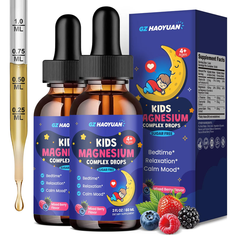 Kids Magnesium Liquid-Magnesium Glycinate Drops for Kids, Citrate Liquid with L-theanine, Chamomile & Vitamin B6 for Sleep, Relaxation, Calm & Focus - Mixed Berry Flavor 2 Fl Oz, 2 Pack 2 Fl Oz (Pack of 2)