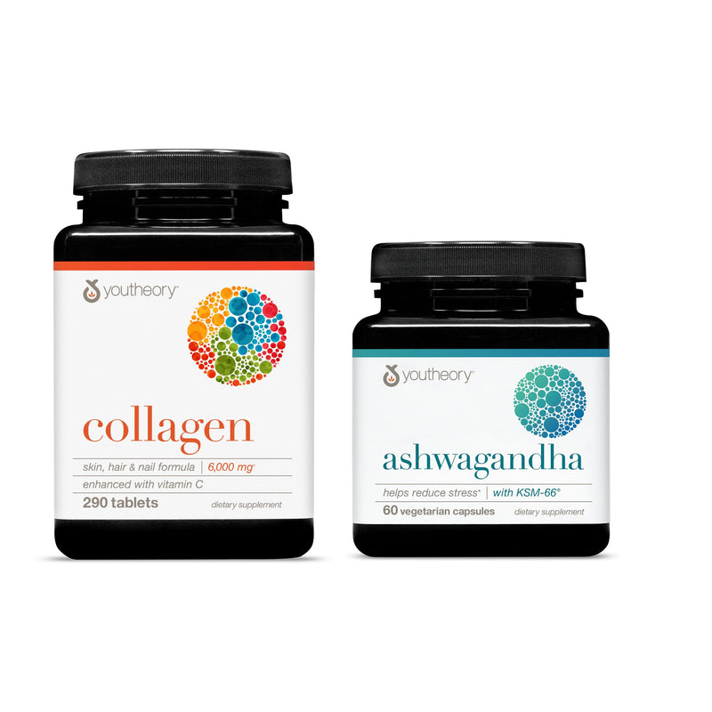 Youtheory Advanced Collagen 6,000mg + Vitamin C (290 Tabs) Ashwagandha 1,000mg (60 Veg Caps) – Hair, Skin, Nails, Stress & Cortisol Support – Women & Men Supplements
