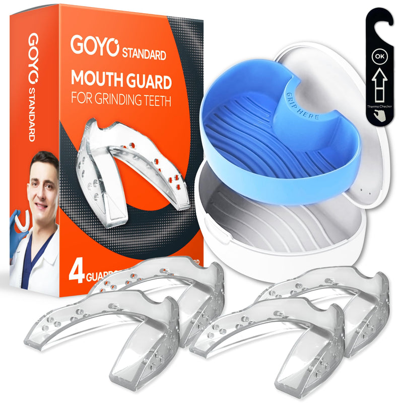 [Australia] - GOYO Standard Mouth Guard – 4 Pack Boil & Bite Custom-Fit Night Guards for Teeth Grinding | Standard Thickness, Breathable 18-Hole Design | Includes Thermo Checker & Travel Case | BPA-Free 