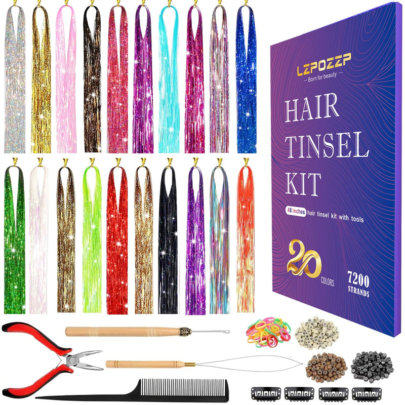 Hair Tinsel Kit (20 Colors, 48 Inch, 7200 Strands) Sparkling Tinsel Hair Extensions with Tools Heat Resistant Shiny Fairy Hair Tinsel Extensions for Women Girls Colorful 20 Colors
