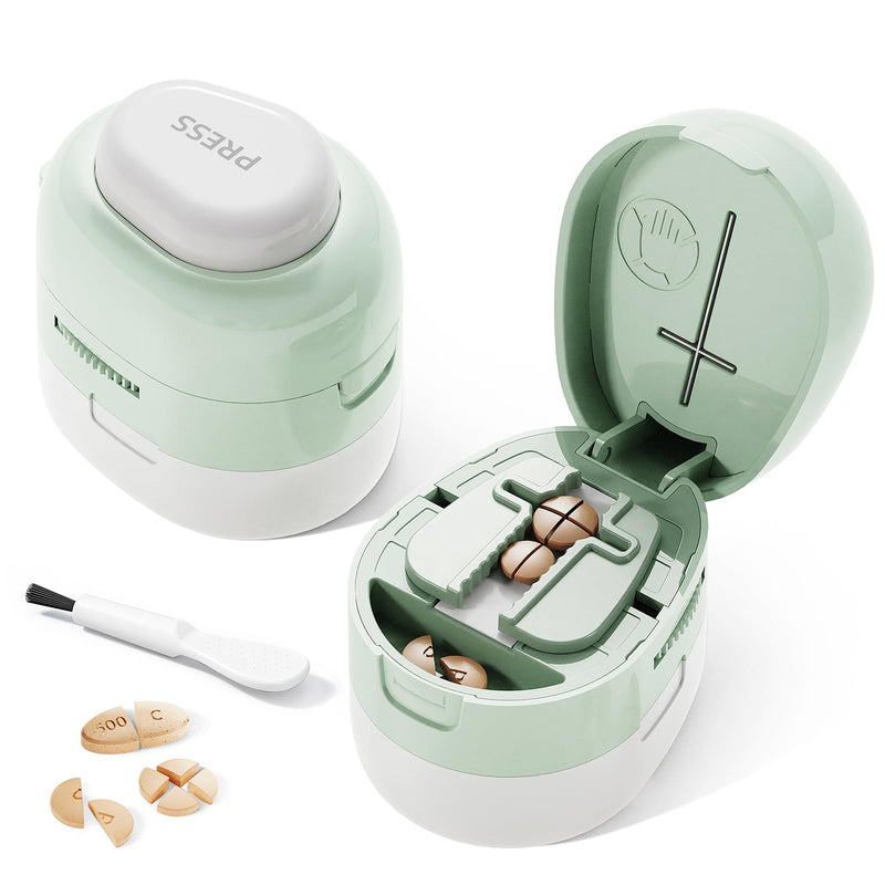 Adjustable Pill Cutter Splitter for Small and Tiny Pills, 1/2 1/4 Pill Splitter for Small Pills Vitamins Tablets, Accurate Alignment & Easy Cutting, Hidden Sharp Blade, Bottom Storage (Green) Green