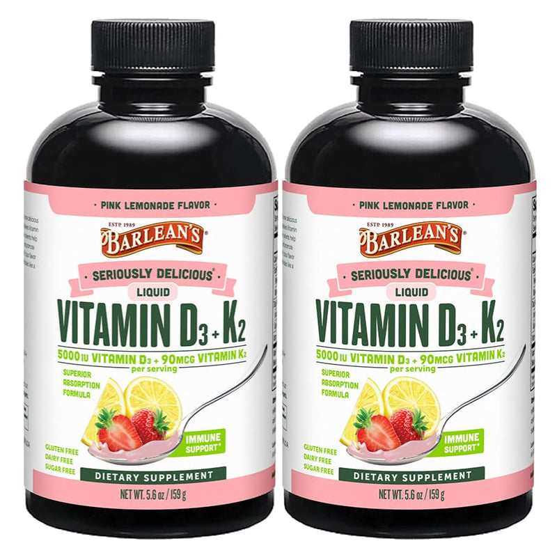 Barlean's Pink Lemonade Liquid Vitamin D3 + K2, 5000 IU, 5.6oz, 2-Pack | Smooth liquid, 5,000 IU vitamin D3 with K2, Non-GMO, Gluten-free, For kids & adults, Bone, heart & immune support