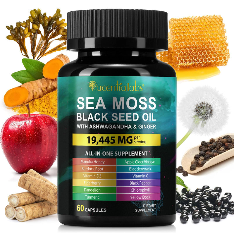 [Australia] - Sea Moss Black Seed Oil Ashwagandha Turmeric Bladderwrack Burdock Root Capsule with Chlorophyll,Elderberry,Manuka,Dandelion,Ginger,Vitamin C Vitamin D3,Immunity & Energy Support, 60 Counts 60 Count (Pack of 1) 