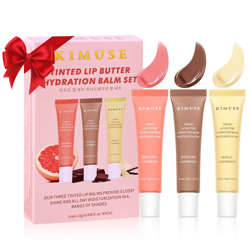 KIMUSE 3 Pack Tinted Lip Balm, Ceramide & Hyaluronic Acid, Glossy Finish | Hydrating Lip Treatment for Instant Moisture, Shine & Hydration, Supple Lips, Vegan, with Hyaluronic Acid & Vitamin E Vanilla & Chocolate & Grapefruit