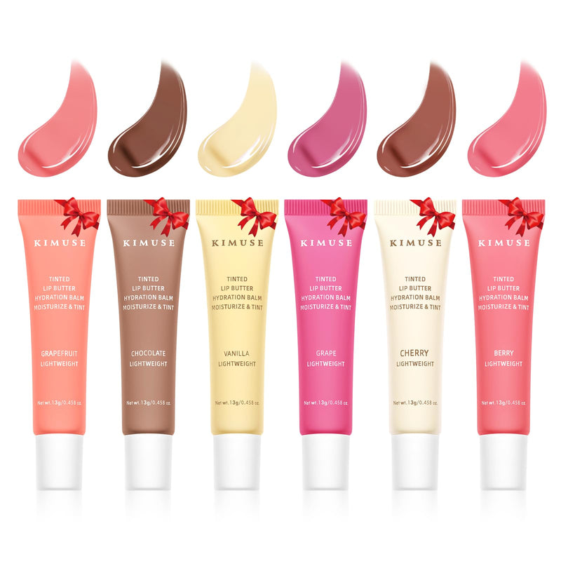 KIMUSE Tinted Lip Butter Balm Set, 6 Sheer Shades, Instant Shine, Vegan | Hydrating Plumping Gloss, Hyaluronic Acid & Vitamin E, Sheer Tint, Non-Sticky Conditioning Lip Mask for Dry Lips