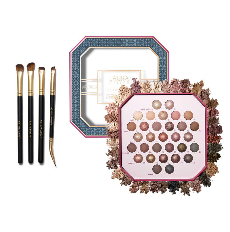 [Australia] - LAURA GELLER NEW YORK Holiday 2025 Ultimate Essentials - The Ultimate Palette 31 Baked Eyeshadows Minimalism Maximized + Shadow Skills 4PC Eye Brush Set 