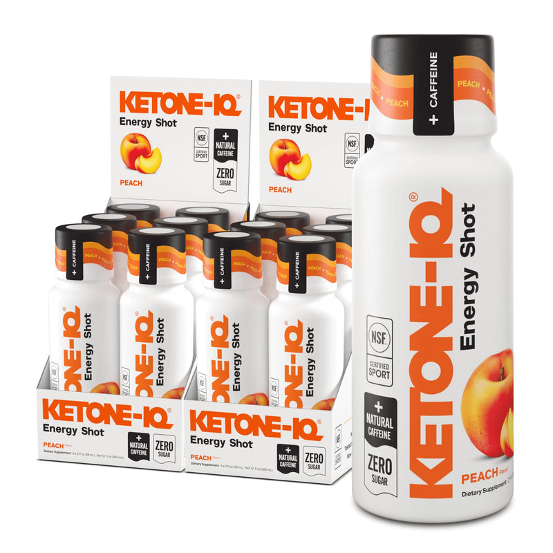 Ketone-IQ Caffeine Ketone Shots for Focus, Peach, 12 Pack | 5g exogenous ketones, 100mg green tea caffeine, B vitamins. Clean energy shot for focus, endurance and recovery. Sugar free. 2 Fl Oz (Pack of 12)