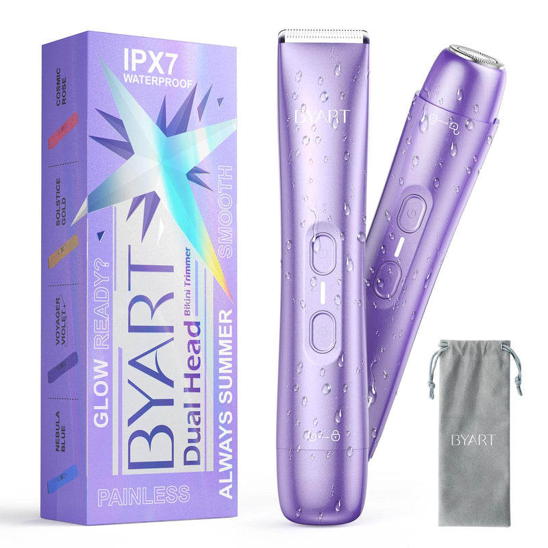 Bikini Trimmer for Women Dual Head - IPX7 Waterproof & Painless Electric Razors for Beauty, Pubic Hair, Face, Legs & Underarms– Portable Cordless Shaver with Fast Charging (Purple) Voyager Violet