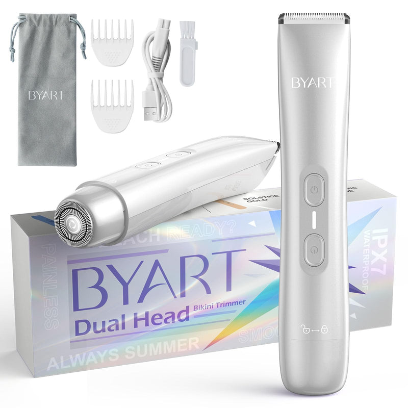 [Australia] - Dual Head Bikini Trimmer for Women - Electric Razor for Body & Facial Hair, IPX7 Waterproof, Painless Ceramic Blade, Rechargeable, Wet & Dry Use, Travel-Friendly, Gift for Her(White) 