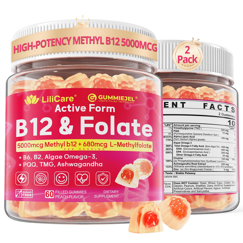 Methyl B12 5000mcg & L-Methylfolate Gummies + P5P for Women Men - Active 5-MTHF & Methylted B Complex Adult Supplement + B2 B6, Omega 3, Choline,TMG for Cellular Energy, Cognition, MTHFR Gene, 120Cts 60 Count (Pack of 2)