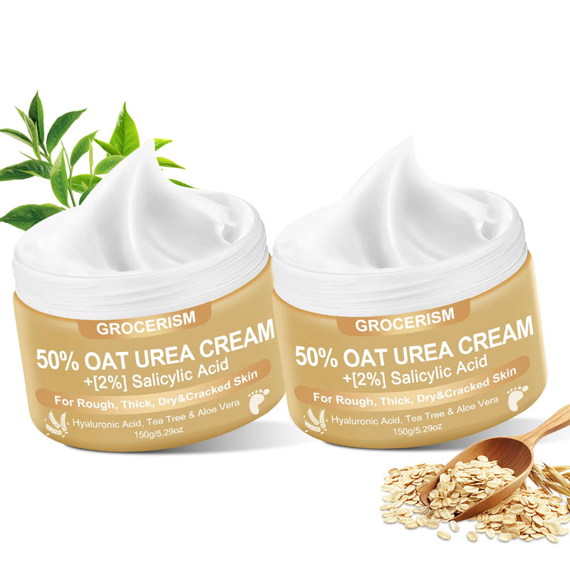 Grocerism 50% Oat Urea Foot Cream Maximum Strength, 5.29 oz, Pack of 2 | 2% Salicylic Acid + Oat, Softens Dry, Rough, Callused Heels and Hands with Hyaluronic Acid, Tea Tree and Aloe Vera Oat-Mild 5.29 Ounce (Pack of 2)