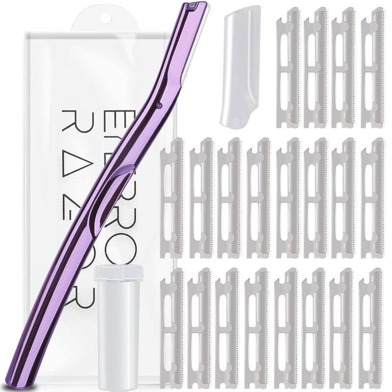 [Australia] - Professional Dermaplaning Tool Set with 20 Replaceable Stainless Steel Blades, Face Exfoliation Razor for Peach Fuzz Removal, Eyebrow Shaping, All Skin Types (Purple) Purple 