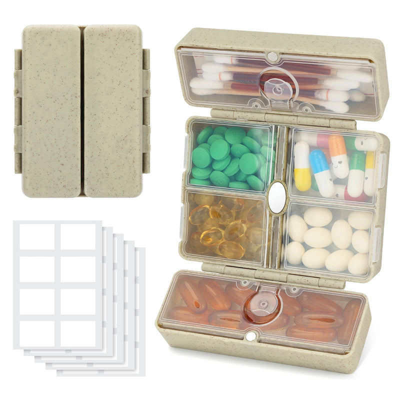 Zentiky Pill Organizer with Blank Labels,6 Compartment Small Pill Box-Khaki | Travel Organizer, Fit with Your Purse or Pocket to Hold Vitamin, Fish Oil, Supplement,Cotton Swabs, Bandages Khaki S