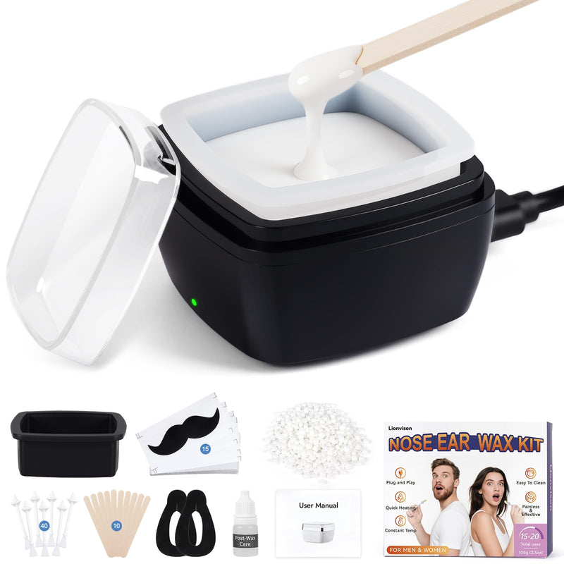 LIONVISON Men's Nose Wax Removal: Painless Hair Removal for Nose and Ears - with 100g Wax 40 Nose Hair Sticks 2 Silicone Pots - Portable Melt Machine for Home Travel Use (Black) Black