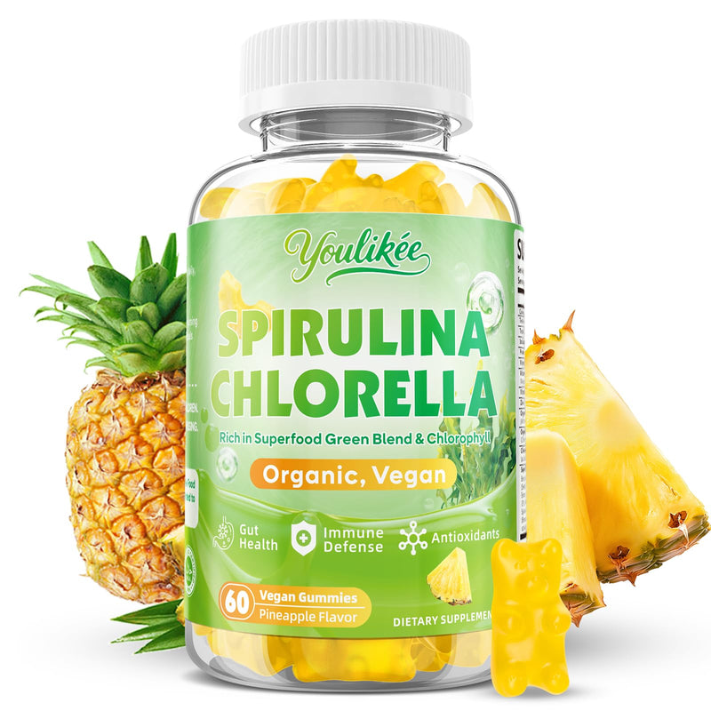 Spirulina Chlorella Gummies, Support Energy, Immune System & Antioxidant | Super Greens Blend with Protein, Chlorophyll, Vitamin C, D3, B12, Zinc, Pineapple Flavor, 60 Count 60 Count (Pack of 1)