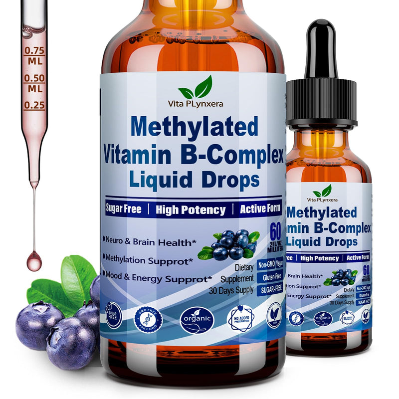 Methylated B Complex Liquid Drop Complete 9-in-1 Methyl B Vitamins w. B12 Methylfolate Inositol Choline TMG Vitamin C E, Super B-Complex Methylated for MTHFR Support, Energy Mood Nerve & Brain Health