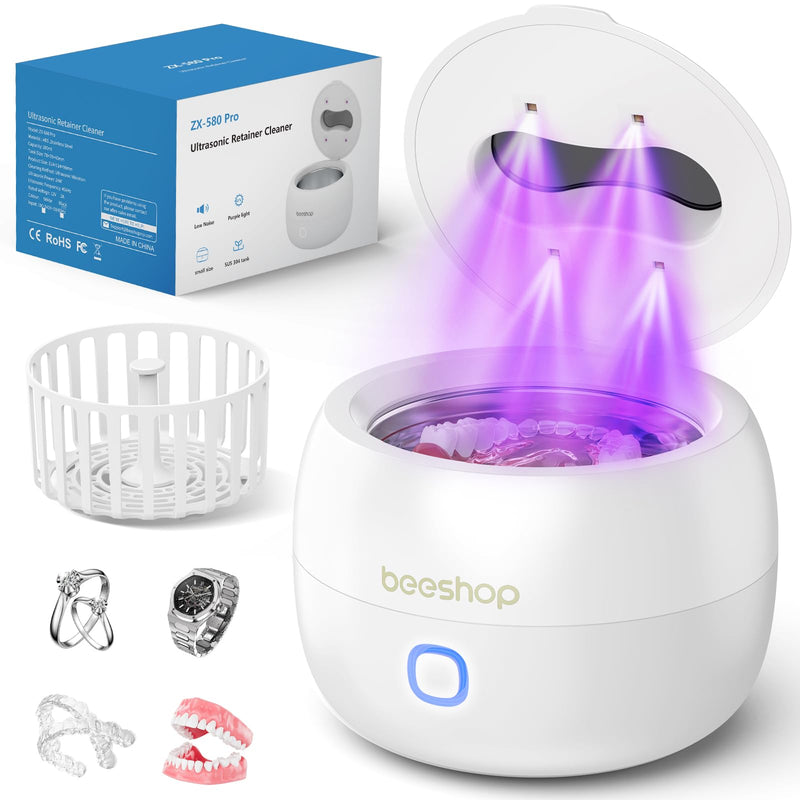 [Australia] - BEESHOP 2025 Ultrasonic Retainer Cleaner Machine – 45kHz Dental Pod for Retainers, Mouth Guards, Braces, Aligners & Jewelry, Denture Cleaner with 3 Modes, 200ml Capacity (White) White 